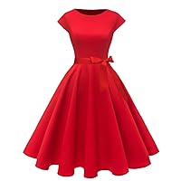 Women's 1950 Boatneck Cap Sleeve Vintage Swing Cocktail Party Dress with Pockets