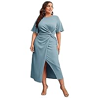 Womens Plus Size Dresses Summer Plain Flutter Sleeve Twist Detail Wrap Hem Dress
