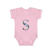 Personalized Baby Bodysuit Floral Monogram Letter S Dark Green Ink Word Jumpsuit Clothes Initial Letters Baby Top Clothing 12months