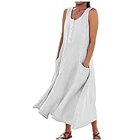 2024 Women's Casual Loose-Fit Cotton and Linen Plaid Tank Maxi Beach Dress with Pockets