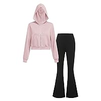 COZYEASE Girls' 2 Piece Outfits Kangaroo Pocket Zip Up Hoodie and Flare Leg Pants Set Trendy Fall Outfits