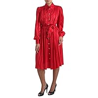 Dolce & Gabbana Red Satin Silk Button Down Belted Midi Women's Dress