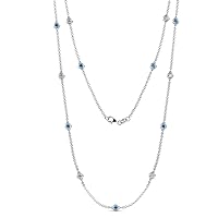 13 Station Blue Topaz & Natural Diamond Cable Necklace 1.40 ctw 14K White Gold. Included 18 Inches Gold Chain.