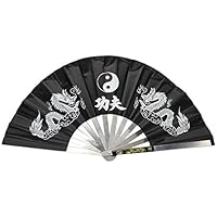 Kung Fu Tai Chi Eight Trigrams Double Dragon Stainless Steel Rib Frame Fan Black