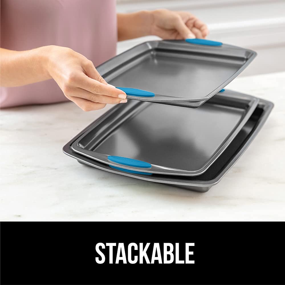 Gorilla Grip Non Stick Jelly Roll Baking Pans, Thick Warp Proof, 3 Piece, Durable Silicone Handles, Kitchen Oven Pan Bakeware Set, Cooking, Roasting Sets, Easy Clean, Set of 3, Aqua