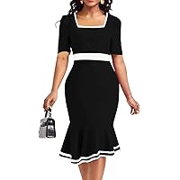 Women's Black Funeral Dress Sexy Square Neck Short Puff Sleeve Bodycon Mermaid Professioanl Dresses Wear to Work with Zipper