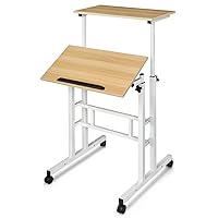 MoNiBloom Mobile Standing Desk with 2 Platforms Adjustable Computer Laptop Desk Home Office Workstation Rolling Table Cart for Standing or Sitting, Natural