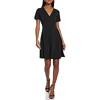 Tommy Hilfiger Women's Salon Stretch Crepe Fabric Pleated Skirt V-Neckline Dress, Black