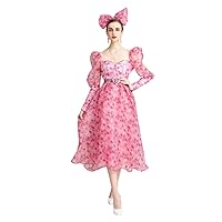 Exclusive Chic Women Evening Gown Dress Pink Prince Floral Long Sleeve Mesh Chiffon Cocktail Dress