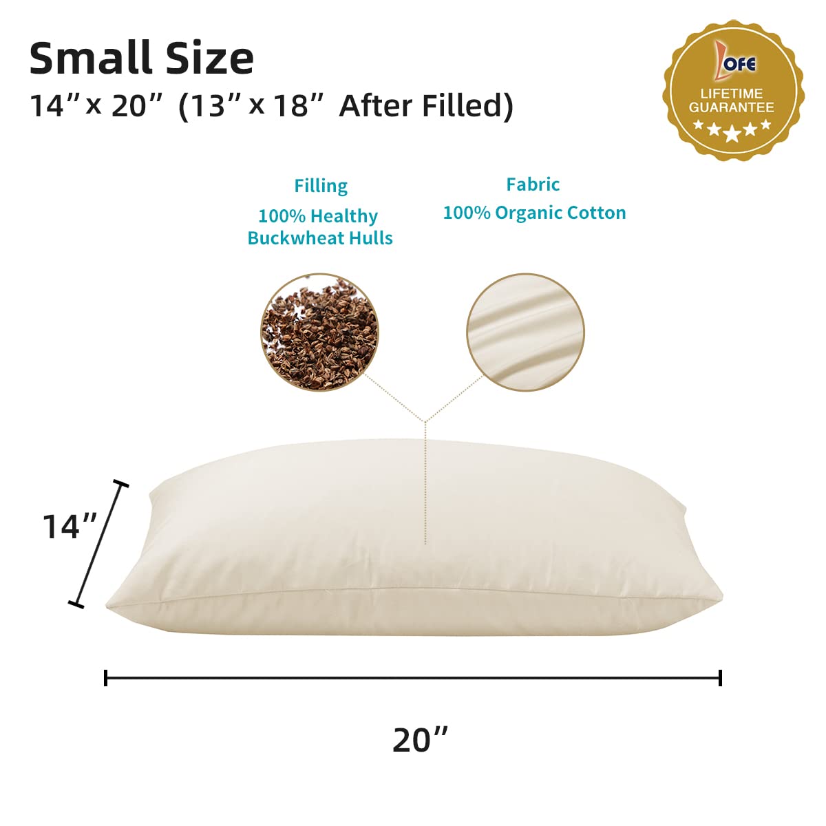 LOFE Organic Buckwheat Pillow for Sleeping - Small Travel Size14x20, Adjustable Loft, Breathable for Cool Sleep, Cervical Support for Back and Side Sleepers(Tartary Buckwheat Hulls)