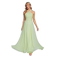 Basgute Chiffon Halter Long Bridesmaid Dresses Maxi Elegant Pleated A Line Flowy Formal Evening Party Gowns for Women