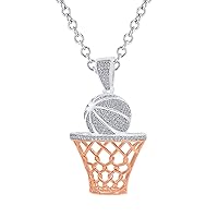 Round Cut White Diamond 14k Two Tone Over .925 Sterling Silver Basketball Lover Pendant Necklace