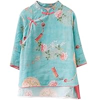 Cotton and Linen Tang Suit Women's Chinese Style Print Loose Three-Quarter Sleeve Tea Service T-Shirt