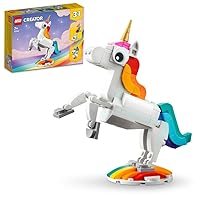 LEGO 31140 Creator Magic Unicorn Three Magical Creatures in One Building Kit with Seahorse and Colorful Peacock with Moving Parts, Construction Toy for Kids, from 7 Years