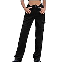Womens Straight Cargo Jeans Mid Waist Hiking Pants Casual Relaxed Fit Outdoor Sweatpants Workout Military Trousers