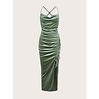 Dresses for Women - Solid Drawstring Ruched Velvet Dress (Color : Mint Green, Size : Small)