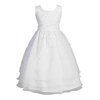 White Sleeveless Embroidered Organza Communion Dress with Pearled Accented Bodice