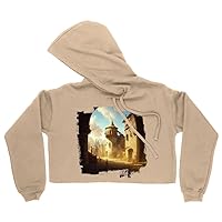 Dark Fantasy Medieval City Women's Cropped Fleece Hoodie - Town Cropped Hoodie for Women - Castle Hooded Sweatshirt