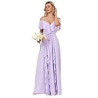 Women's Off Shoulder Chiffon Evening Dresses Short Sleeve Floor-Length Wedding Party Prom Gown