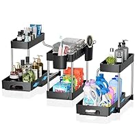 3 Pack Under Sink Organizer, 2 Tier L-shaped Sliding Under Bathroom Cabinet Organizer, Multi-Purpose Pull Out Under Sink Organizers and Storage for Kitchen