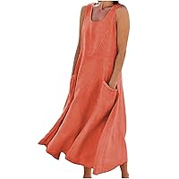 Women Basic Cotton Linen Sleeveless Midi Dresses Summer Trendy Lounge Loose Fit Swing A-Line Dress with Pockets