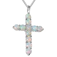 LBG 925 Sterling Silver Natural Opal Womens Cross Pendant & Chain - Choice of Chain lengths