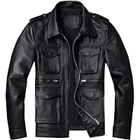 Men's Classic Black Cowhide Motorcycle Jacket | Multi-Pocket Cafe Racer Retro Slim Fit Leather Coat