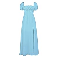 Womens Casual Summer Dress French Dresses Women's Bubble Sleeve Solid Color Open Long Dress