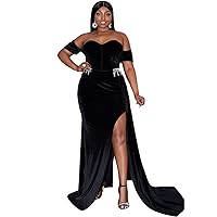 Lin Lin Q Women’s Plus Size Formal Velvet Off Shoulder Maxi Prom Dress, Backless Rhinestone Split Thigh Evening Party Gown
