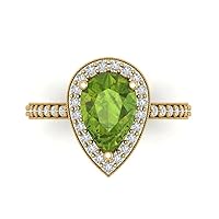 Clara Pucci 1.98ct Pear Cut Solitaire with Accent Halo Genuine Natural Pure Green Peridot designer Modern Statement Ring 14k Yellow Gold