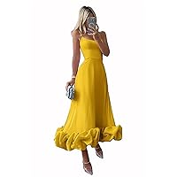 Women Elegant 3D Flounce Ruffles Hem Prom Dress Spaghetti Strap Pleated Evening Party Dress Tea Length