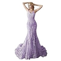 Women's Lace Appliqued Mermaid Prom Dresses Spaghetti Open Back Bridesmaid Dresses