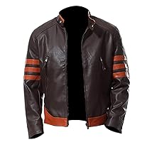 Mens X Orange Stripes Retro Superhero Costume Motorcycle Biker Brown Leather Jacket