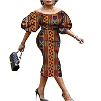 African Ankara Dresses for Lady Puff Sleeve High Waist Knee-Length Evening Party Dress WY7795