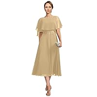 Mother of The Bride Dresses Chiffon Tea Length Formal Evening Gowns Ruffle Sleeve Wedding Guest Dresses