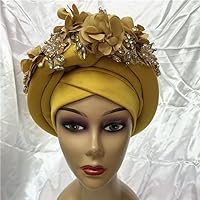 Beautiful Women Head wrap African headtie Nigerian gele headties with Beads and Stones Sewing Fabric for Party 1set by MSB Fabric Color 432