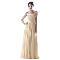 Pale Yellow Halter Neck Chiffon Long Bridesmaid Dress With Bow On Back