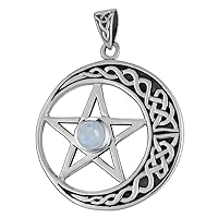 Sterling Silver Crescent Moon Pentacle Pendant with Natural Rainbow Moonstone