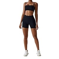 IMEKIS Women's Workout Matching Sets 2 Piece Yoga Outfit Halter Sport Crop Top High Waisted Biker Shorts Gym Tracksuit