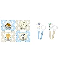 Original + Night 4-Pack, 0-6M, Boy & 2 Clips for Pacifiers with Fasteners and Flexible Rings for Boys, Designs May Vary