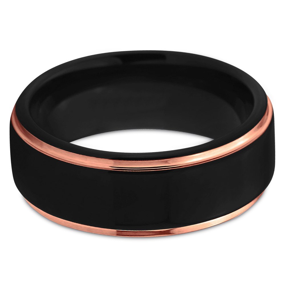 Midnight Rose Collection Tungsten Wedding Band Ring 8mm for Men Women 18k Rose Gold Plated Step Edge Black Brushed Polished Size 12.5