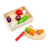 Bigjigs Toys Crate of Wooden Cutting Vegetables with Chopping Board and Knife - Play Food Toys