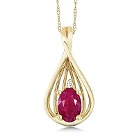 Gem Stone King 10K Yellow Gold Red Ruby and White Diamond Teardrop Pendant Necklace For Women (0.60 Cttw, Gemstone July Birthstone, Oval 6X4MM, with 18 Inch Chain)