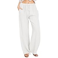Women's Casual Linen Palazzo Pants Summer Straight Wide Leg Pants Solid Color Flowy Long Pants with Pockets