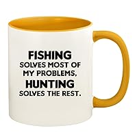 Fishing Solves Most Of My Problems, Hunting Solves The Rest. - 11oz Ceramic Colored Handle and Inside Coffee Mug Cup, Golden Yellow