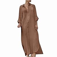 Plus Size Summer Cotton Linen Button Up Shirt Dress for Women 3/4 Sleeve High Waist Lapel Casual Loose Swing Dress