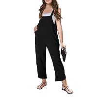 Haloumoning Girls Sleeveless Overalls Cotton Linen Rompers Baggy Wide Leg Jumpsuits with Pockets 5-14 Years