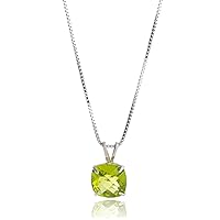 MAX + STONE 925 Sterling Silver 8mm Cushion Cut Birthstone Solitaire Pendant Necklace for Women with 18 inch Box Chain