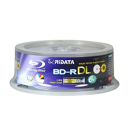 100 Pack Ridata Blu-ray BD-R DL Dual Layer 6X 50GB White Inkjet Hub Printable Recordable Blank Media Disc with Spindle Packing