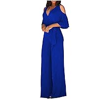 Womens Sexy Jumpsuits Cold Shoulder Long Sleeve Rompers Elegant V Neck Dressy Jumpsuit for Party Wedding Guest
